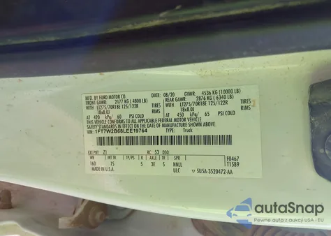 2020 Ford F-250 Xl из США, поврежденный, VIN 1FT7W2B68LEE19764